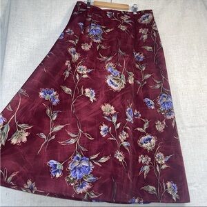 Wine Red Whimsigoth Botanical Floral Print Aline Midi Skirt Size 14